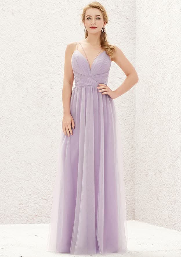 Long/Floor-Length Tulle Bridesmaid Dress, A-Line Cut, V-Neck, Sleeveless, With Pleats BM bride