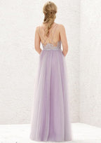 Long/Floor-Length Tulle Bridesmaid Dress, A-Line Cut, V-Neck, Sleeveless, With Pleats BM bride