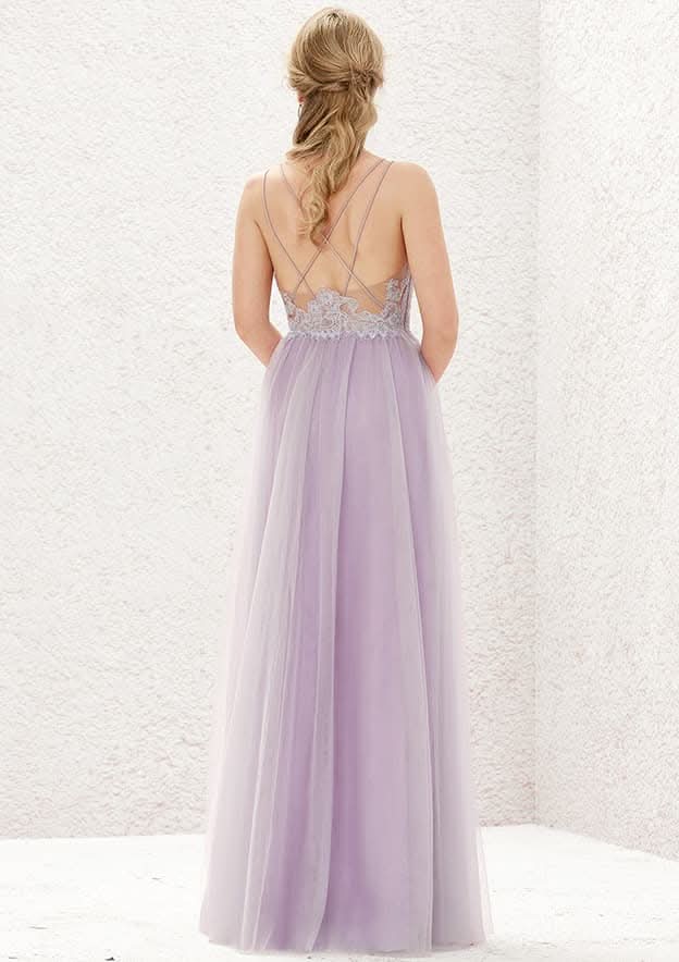 Long/Floor-Length Tulle Bridesmaid Dress, A-Line Cut, V-Neck, Sleeveless, With Pleats BM bride