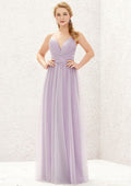Long/Floor-Length Tulle Bridesmaid Dress, A-Line Cut, V-Neck, Sleeveless, With Pleats BM bride