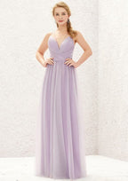 Long/Floor-Length Tulle Bridesmaid Dress, A-Line Cut, V-Neck, Sleeveless, With Pleats BM bride