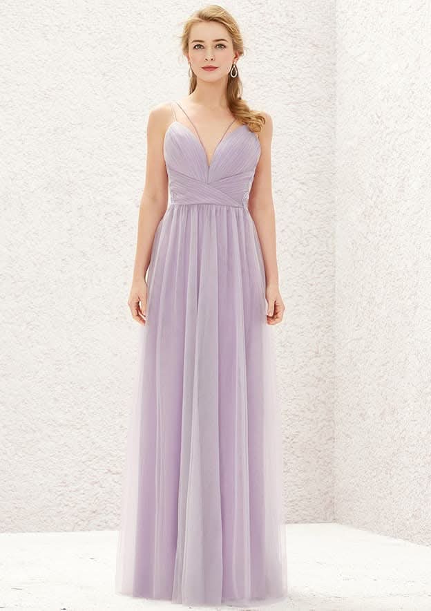 Long/Floor-Length Tulle Bridesmaid Dress, A-Line Cut, V-Neck, Sleeveless, With Pleats BM bride