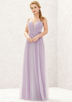Long/Floor-Length Tulle Bridesmaid Dress, A-Line Cut, V-Neck, Sleeveless, With Pleats BM bride
