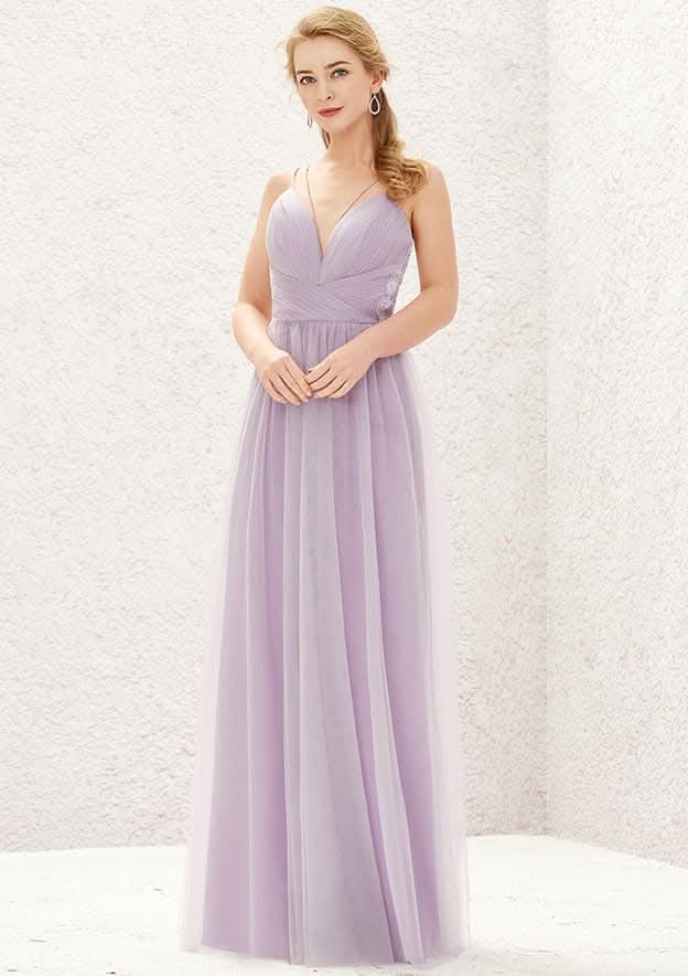 Long/Floor-Length Tulle Bridesmaid Dress, A-Line Cut, V-Neck, Sleeveless, With Pleats BM bride