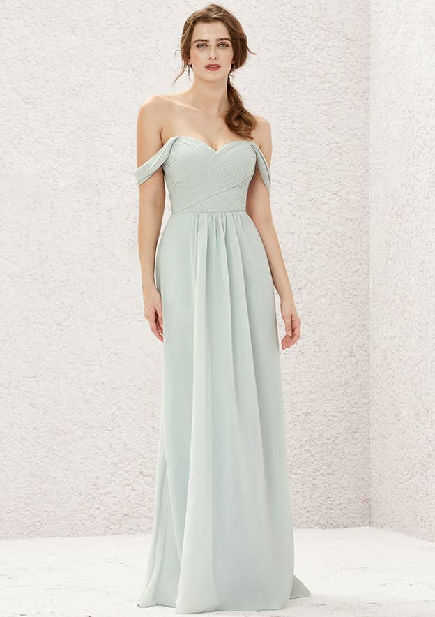 Long/Floor-Length Chiffon Bridesmaid Dress, A-Line Cut, Off-The-Shoulder Neckline, With Pleating BM bride