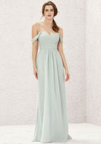 Long/Floor-Length Chiffon Bridesmaid Dress, A-Line Cut, Off-The-Shoulder Neckline, With Pleating BM bride