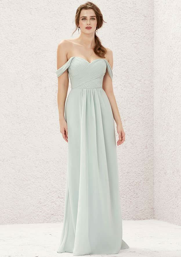Long/Floor-Length Chiffon Bridesmaid Dress, A-Line Cut, Off-The-Shoulder Neckline, With Pleating BM bride