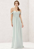 Long/Floor-Length Chiffon Bridesmaid Dress, A-Line Cut, Off-The-Shoulder Neckline, With Pleating BM bride