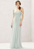 Long/Floor-Length Chiffon Bridesmaid Dress, A-Line Cut, Off-The-Shoulder Neckline, With Pleating BM bride