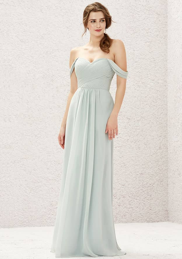 Long/Floor-Length Chiffon Bridesmaid Dress, A-Line Cut, Off-The-Shoulder Neckline, With Pleating BM bride