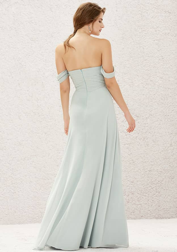Long/Floor-Length Chiffon Bridesmaid Dress, A-Line Cut, Off-The-Shoulder Neckline, With Pleating BM bride