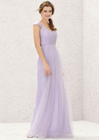 Sweep Train Tulle Bridesmaid Dress, A-Line Cut, V-Neck, Sleeveless, With Pleating BM bride