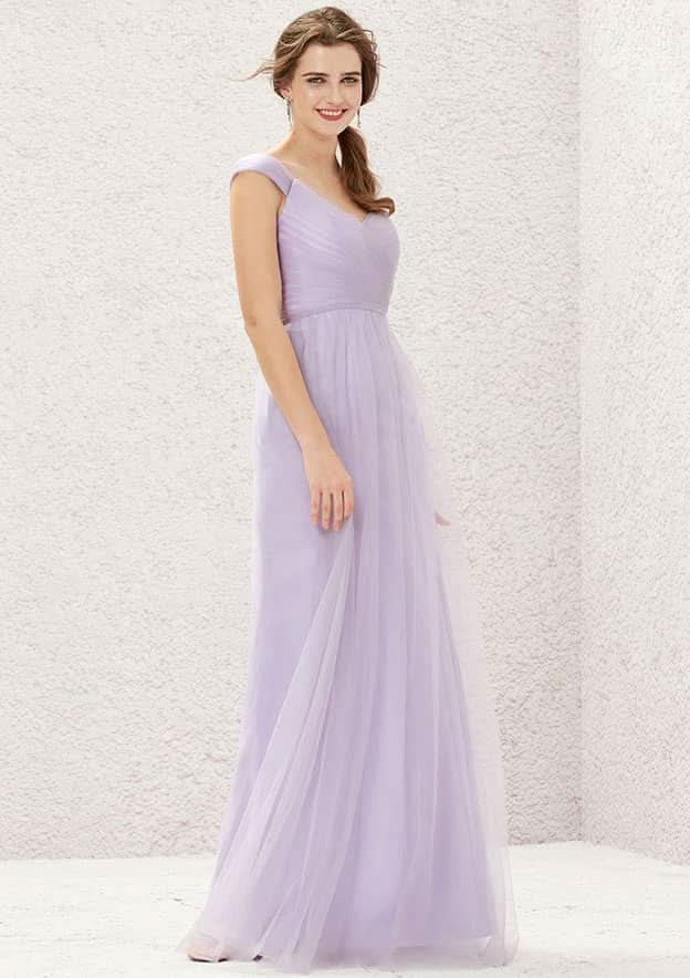 Sweep Train Tulle Bridesmaid Dress, A-Line Cut, V-Neck, Sleeveless, With Pleating BM bride