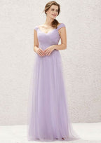 Sweep Train Tulle Bridesmaid Dress, A-Line Cut, V-Neck, Sleeveless, With Pleating BM bride