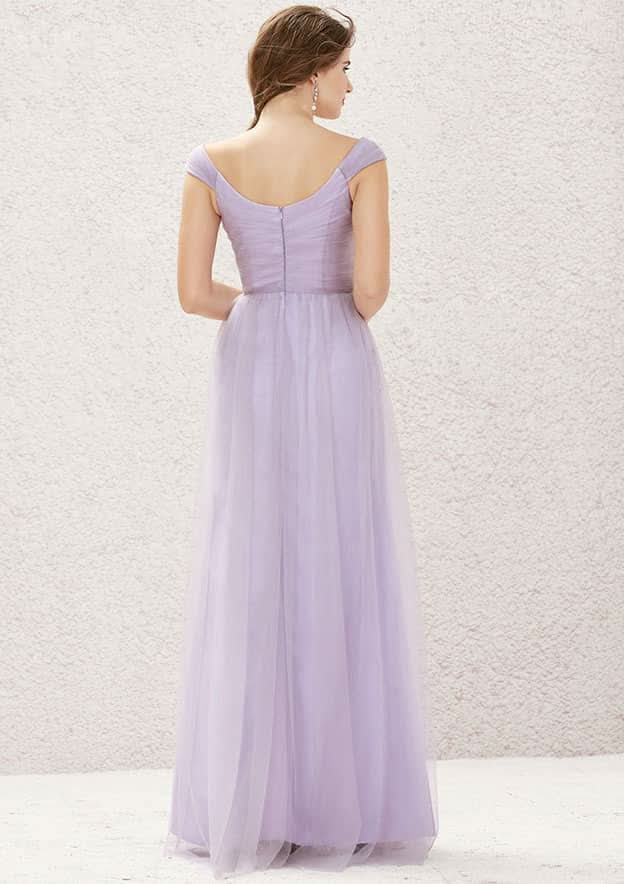 Sweep Train Tulle Bridesmaid Dress, A-Line Cut, V-Neck, Sleeveless, With Pleating BM bride