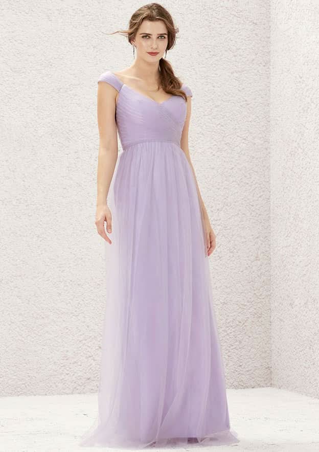 Sweep Train Tulle Bridesmaid Dress, A-Line Cut, V-Neck, Sleeveless, With Pleating BM bride