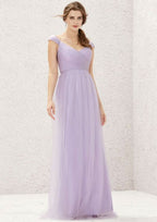 Sweep Train Tulle Bridesmaid Dress, A-Line Cut, V-Neck, Sleeveless, With Pleating BM bride