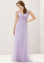 Sweep Train Tulle Bridesmaid Dress, A-Line Cut, V-Neck, Sleeveless, With Pleating BM bride