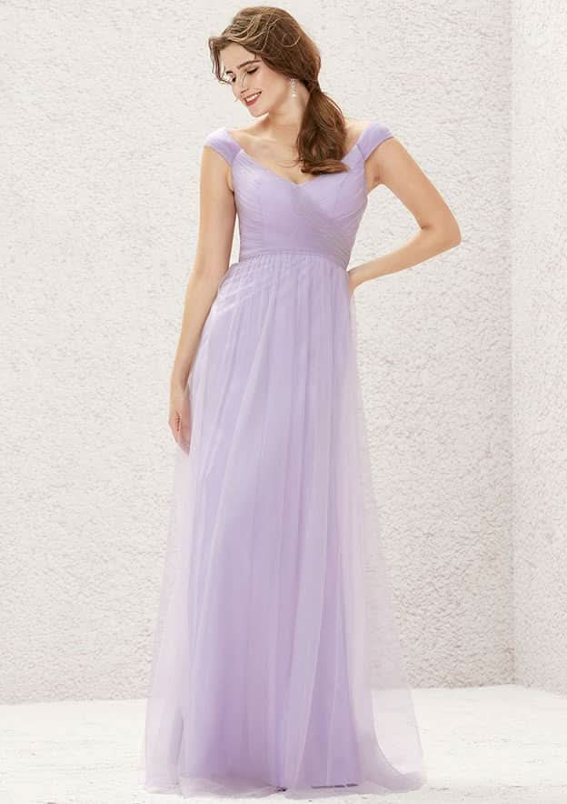 Sweep Train Tulle Bridesmaid Dress, A-Line Cut, V-Neck, Sleeveless, With Pleating BM bride