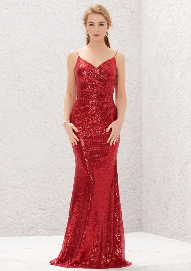 Sweep Train Sequined Bridesmaid Dress, Trumpet/Mermaid Cut, V-Neck, Sleeveless BM bride