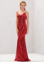 Sweep Train Sequined Bridesmaid Dress, Trumpet/Mermaid Cut, V-Neck, Sleeveless BM bride