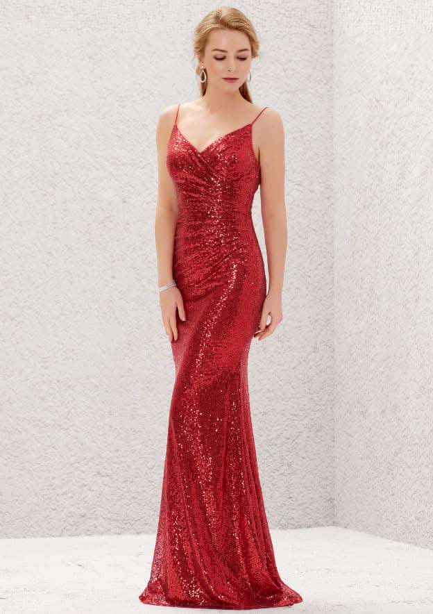 Sweep Train Sequined Bridesmaid Dress, Trumpet/Mermaid Cut, V-Neck, Sleeveless BM bride