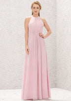 Long/Floor-Length Chiffon Bridesmaid Dress, A-Line Cut, Halter Neck, Sleeveless, With Pleating BM bride