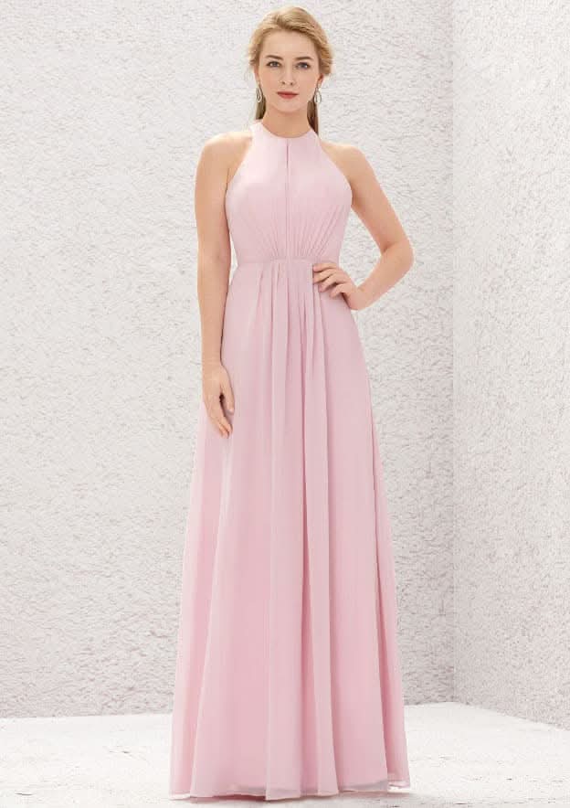 Long/Floor-Length Chiffon Bridesmaid Dress, A-Line Cut, Halter Neck, Sleeveless, With Pleating BM bride
