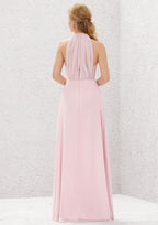 Long/Floor-Length Chiffon Bridesmaid Dress, A-Line Cut, Halter Neck, Sleeveless, With Pleating BM bride