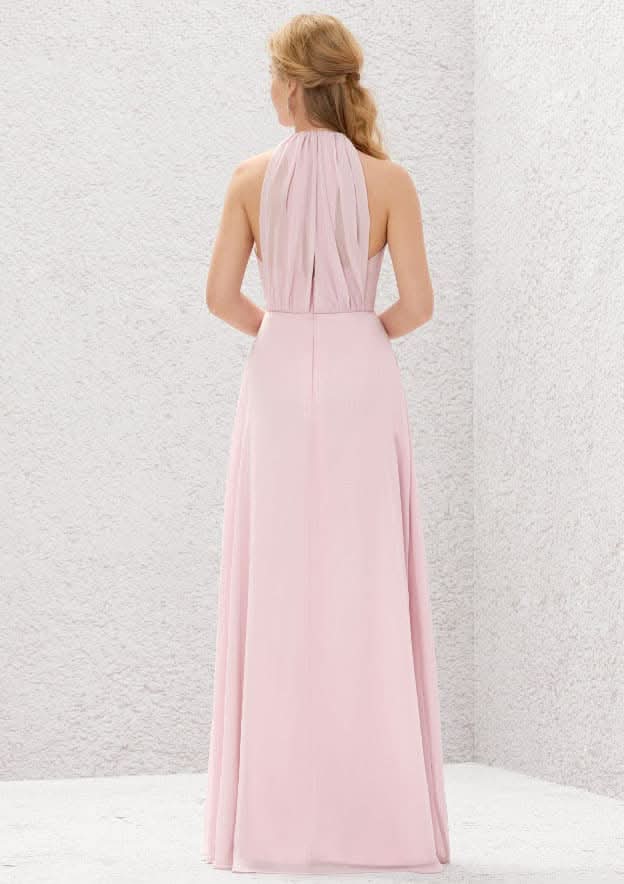 Long/Floor-Length Chiffon Bridesmaid Dress, A-Line Cut, Halter Neck, Sleeveless, With Pleating BM bride