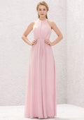 Long/Floor-Length Chiffon Bridesmaid Dress, A-Line Cut, Halter Neck, Sleeveless, With Pleating BM bride