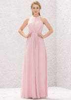 Long/Floor-Length Chiffon Bridesmaid Dress, A-Line Cut, Halter Neck, Sleeveless, With Pleating BM bride