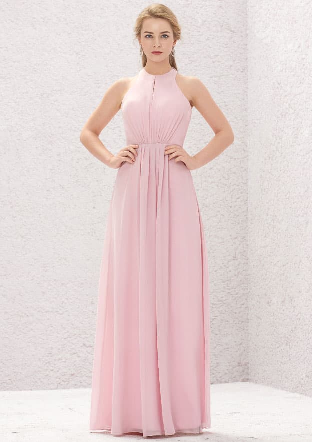 Long/Floor-Length Chiffon Bridesmaid Dress, A-Line Cut, Halter Neck, Sleeveless, With Pleating BM bride