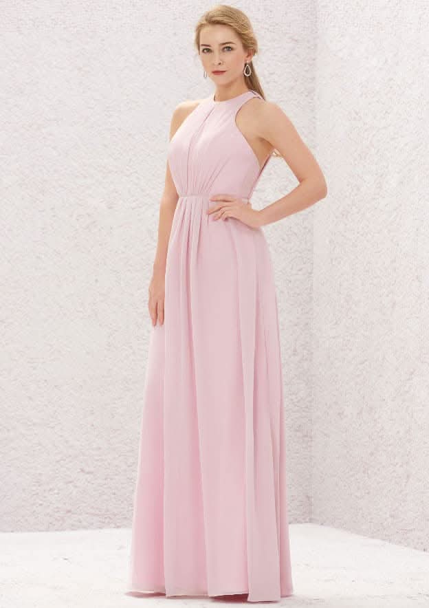 Long/Floor-Length Chiffon Bridesmaid Dress, A-Line Cut, Halter Neck, Sleeveless, With Pleating BM bride