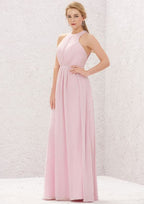 Long/Floor-Length Chiffon Bridesmaid Dress, A-Line Cut, Halter Neck, Sleeveless, With Pleating BM bride