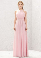 Long/Floor-Length Chiffon Bridesmaid Dress, A-Line Cut, Halter Neck, Sleeveless, With Pleating BM bride