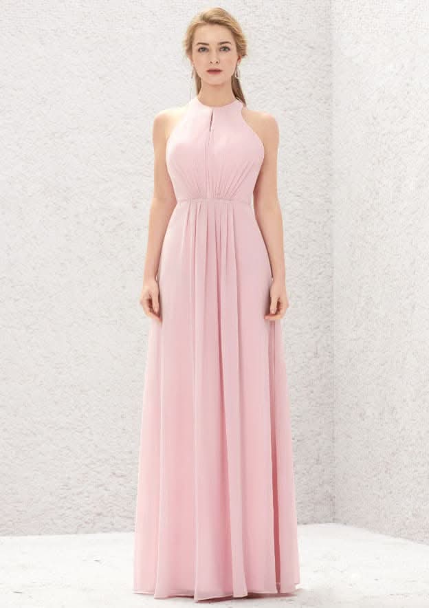 Long/Floor-Length Chiffon Bridesmaid Dress, A-Line Cut, Halter Neck, Sleeveless, With Pleating BM bride