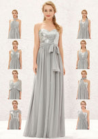 Long/Floor-Length Chiffon Sequined Bridesmaid Dress, A-Line Cut, Sleeveless, With Bandage Detail And Pleating BM bride