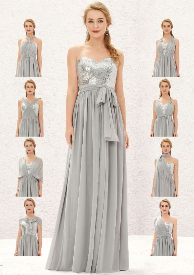 Long/Floor-Length Chiffon Sequined Bridesmaid Dress, A-Line Cut, Sleeveless, With Bandage Detail And Pleating BM bride