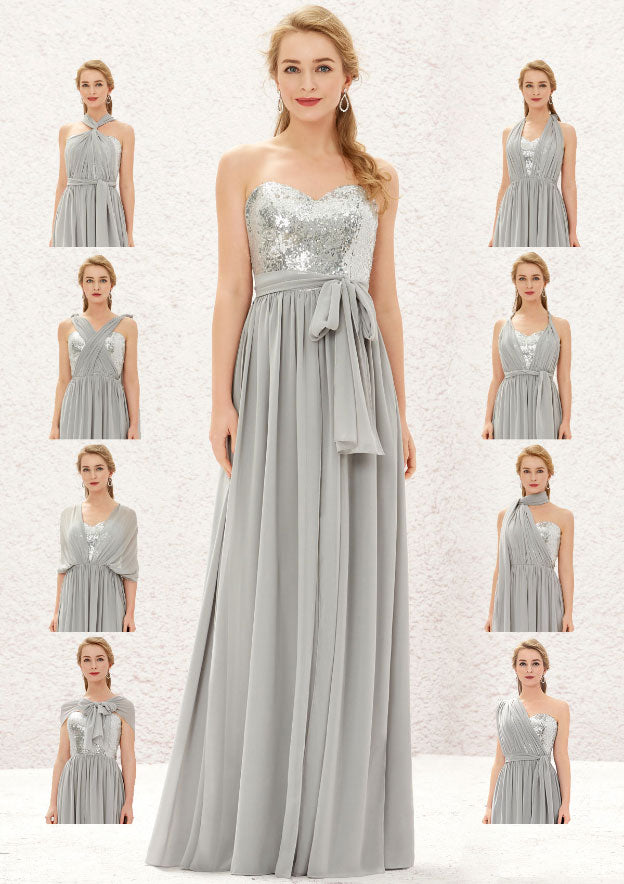 Long/Floor-Length Chiffon Sequined Bridesmaid Dress, A-Line Cut, Sleeveless, With Bandage Detail And Pleating BM bride