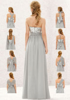 Long/Floor-Length Chiffon Sequined Bridesmaid Dress, A-Line Cut, Sleeveless, With Bandage Detail And Pleating BM bride
