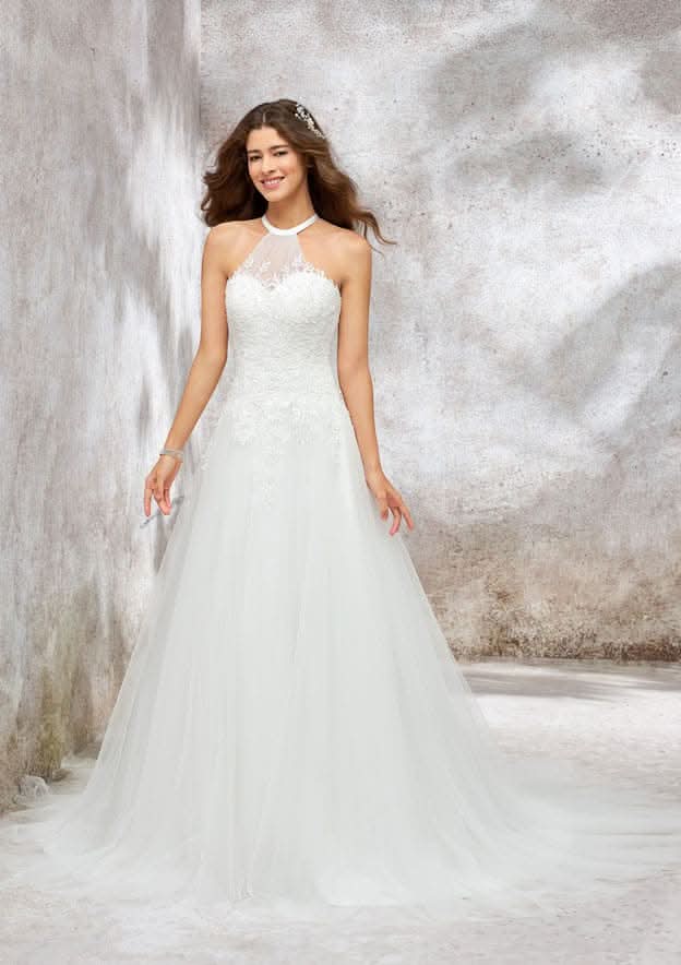 Beautiful Princess A-Line Halter Sleeveless Court Train Lace Tulle Wedding Dress with Applique Sequins BM bride
