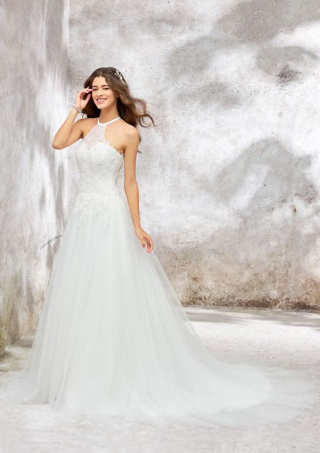 Beautiful Princess A-Line Halter Sleeveless Court Train Lace Tulle Wedding Dress with Applique Sequins BM bride