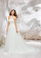 Beautiful Princess A-Line Halter Sleeveless Court Train Lace Tulle Wedding Dress with Applique Sequins BM bride