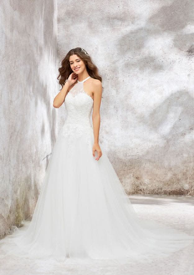 Beautiful Princess A-Line Halter Sleeveless Court Train Lace Tulle Wedding Dress with Applique Sequins BM bride