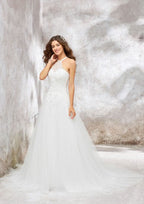 Beautiful Princess A-Line Halter Sleeveless Court Train Lace Tulle Wedding Dress with Applique Sequins BM bride