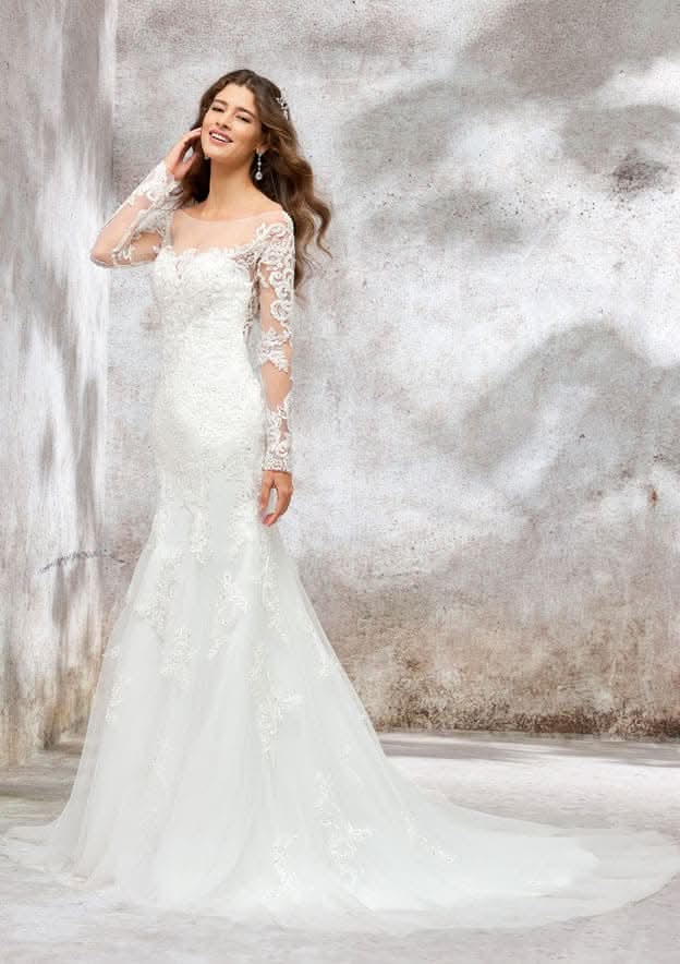 Enchanting Trumpet/Mermaid Wedding Dress: Illusion Neck Full Long Sleeve with Court Train and Lace Embroidery BM bride