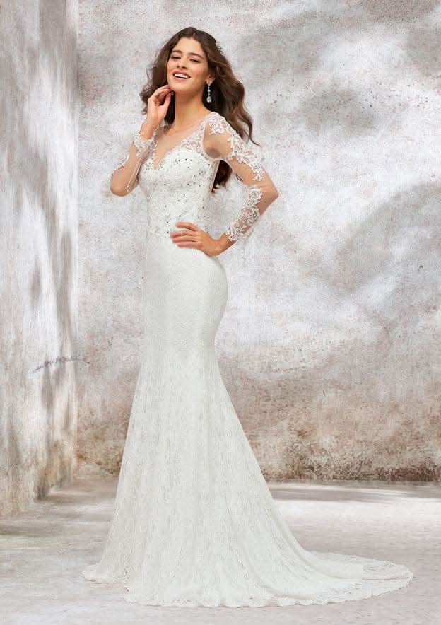 Elegant Trumpet/Mermaid Illusion Neck Full Long Sleeve Chapel Train Wedding Dress with Beading BM bride
