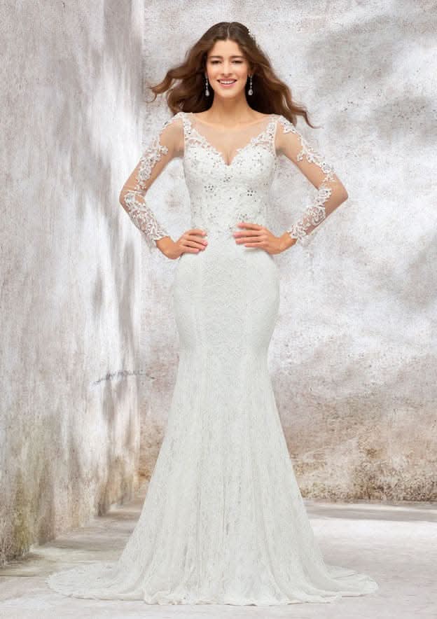 Elegant Trumpet/Mermaid Illusion Neck Full Long Sleeve Chapel Train Wedding Dress with Beading BM bride