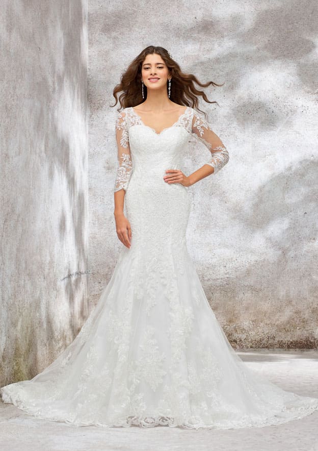 Elegant Trumpet/Mermaid V-Neck 3/4 Sleeve Chapel Train Satin Lace Wedding Dress with Beading and Sequins BM bride